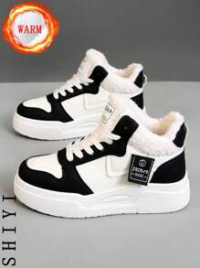 女士白色休闲鞋，运动鞋，冬季新品，加绒保暖，户外厚底增高，时尚百搭度假风，学生户外徒步滑板鞋，平底厚底运动鞋，雪地靴，女鞋，增高鞋，加绒保暖，感恩节，万圣节礼物 - 黑與白 - 查看 4