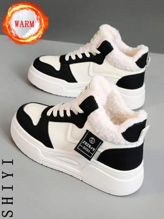 Women's White Casual Shoes, Sports Shoes, Winter New Products With Plush Insulation, Outdoor Thick Sole Height Increase, Fashionable And Versatile Vacation Style, Student Outdoor Hiking Skateboard Shoes, Flat Chunky Sneakers, Snow Boots, Women's Shoes, Height Increasing Shoes, Plush Insulation, Thanksgiving, Halloween Gifts