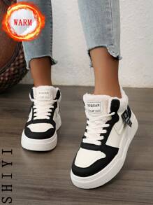 女士白色休闲鞋，运动鞋，冬季新品，加绒保暖，户外厚底增高，时尚百搭度假风，学生户外徒步滑板鞋，平底厚底运动鞋，雪地靴，女鞋，增高鞋，加绒保暖，感恩节，万圣节礼物 - 黑與白 - 查看 7