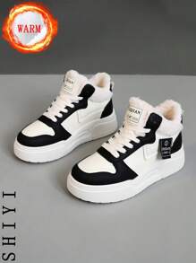 女士白色休闲鞋，运动鞋，冬季新品，加绒保暖，户外厚底增高，时尚百搭度假风，学生户外徒步滑板鞋，平底厚底运动鞋，雪地靴，女鞋，增高鞋，加绒保暖，感恩节，万圣节礼物 - 黑與白 - 查看 3