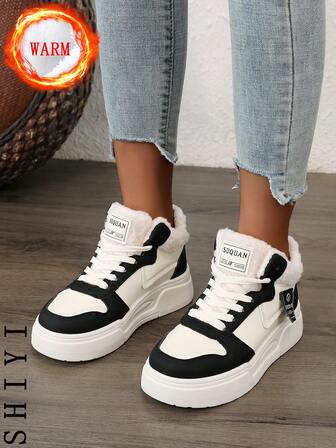 女士白色休闲鞋，运动鞋，冬季新品，加绒保暖，户外厚底增高，时尚百搭度假风，学生户外徒步滑板鞋，平底厚底运动鞋，雪地靴，女鞋，增高鞋，加绒保暖，感恩节，万圣节礼物