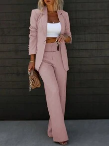 Chicsale Traje elegante de dos piezas para negocios y ocio, chaqueta de traje con solapa de un solo botón y pantalones ajustados, ropa de mujer