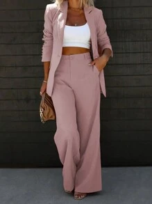 Chicsale Traje elegante de dos piezas para negocios y ocio, chaqueta de traje con solapa de un solo botón y pantalones ajustados, ropa de mujer