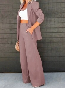 Chicsale Traje elegante de dos piezas para negocios y ocio, chaqueta de traje con solapa de un solo botón y pantalones ajustados, ropa de mujer