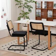 Set Of 2 Dining Chairs, Velvet Rattan Side Accent Chairs With Chrome Legs, Modern Mid Century Breuer Designed Chairs, Upholstered Dining Living Room Kitchen Chairs - 黑色 - 查看 2