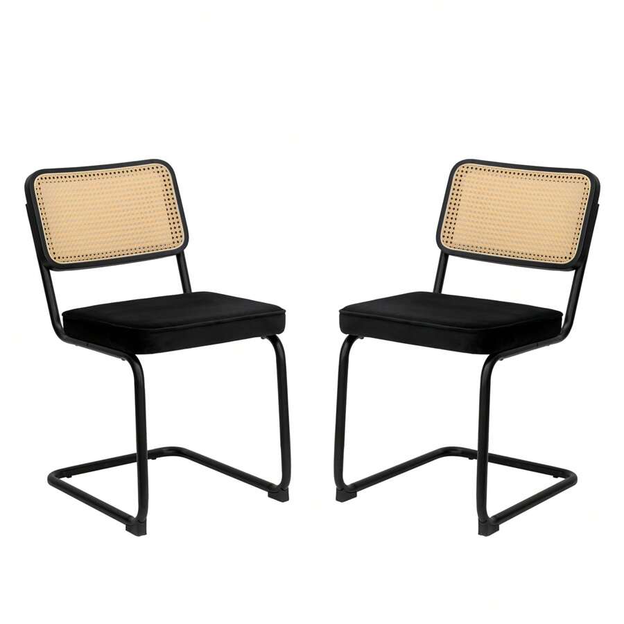 Set Of 2 Dining Chairs, Velvet Rattan Side Accent Chairs With Chrome Legs, Modern Mid Century Breuer Designed Chairs, Upholstered Dining Living Room Kitchen Chairs - 黑色 - 查看 1