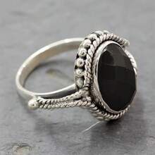 Retro Boho-Stil schwarzer Achat Silber breiter Damen-Ring, vintager einzigartiger komfortabler, eleganter Accessoire für Partys und Abendveranstaltungen