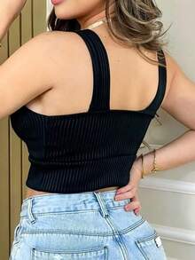 3D Ribbed Cropped Top For Women - 黑色 - 查看 2