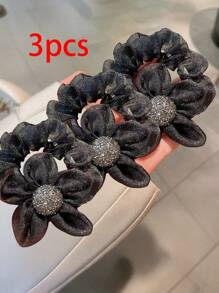 Aylhfo Set de 3 accesorios para el cabello de niña con diseño floral, que incluye: 1 coletero de flor de organza beige, 1 flor marrón y 1 liga para el cabello negra para uso diario