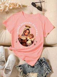 Women's T-Shirt With Our Lady Of Mount Carmel Print - 淺粉色 - 查看 1