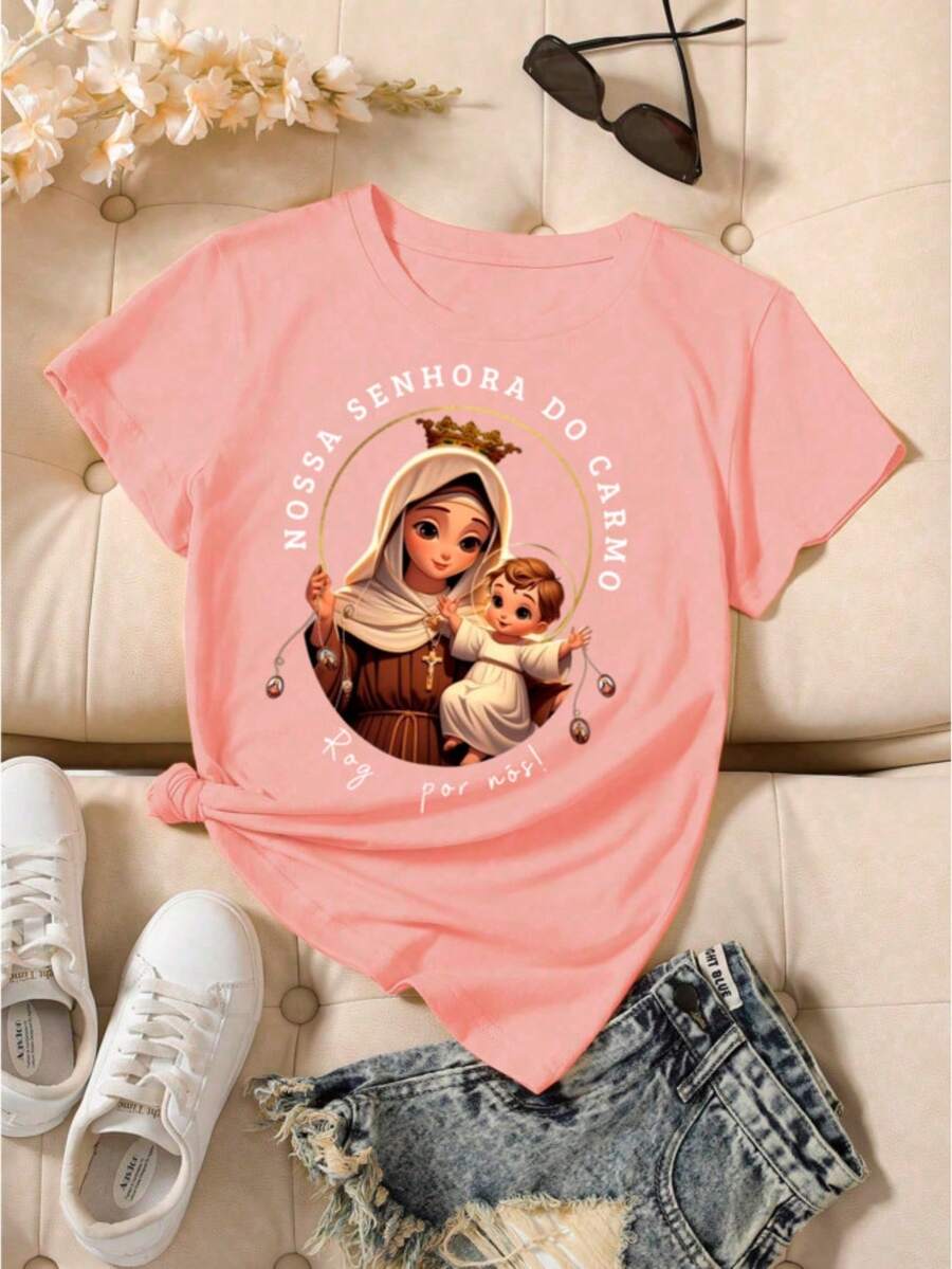 Women's T-Shirt With Our Lady Of Mount Carmel Print - 淺粉色 - 查看 1