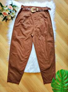 Plus Size Twill Pants With New Belt - 摩卡棕 - 查看 1