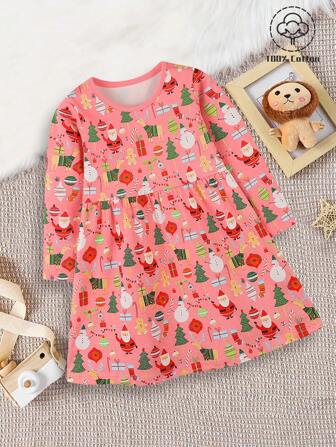 1 Stück Weihnachtskleid für Kleine Mädchen, modisches ganzflächig bedrucktes Rundhals Langarm-Lässig-Kleid für Kleine Mädchen, für den Herbst