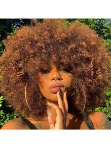 女士蓬蓬假发，棕色混合卷曲合成假发，10-12 英寸，70 年代 80 年代假发，弹性大，柔软自然，蓬松假发，适合派对角色扮演日常佩戴 - 漸變金色 - 查看 2