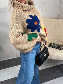 Women's Fashionable Y2K 3D Floral High Neck Loose Pullover Sweater, Suitable For Daily Wear, Commuting, Parties, Dates, Home, Halloween, Thanksgiving, Christmas - Multicolor - View 2