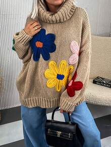 Women's Fashionable Y2K 3D Floral High Neck Loose Pullover Sweater, Suitable For Daily Wear, Commuting, Parties, Dates, Home, Halloween, Thanksgiving, Christmas - Multicolor - View 3