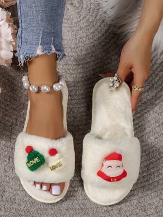 New Autumn/Winter Fairy Style Cute Cartoon Fluffy Slippers, Versatile Casual Fashion Lightweight Simple Christmas Decor, Women Indoor Strap Slides