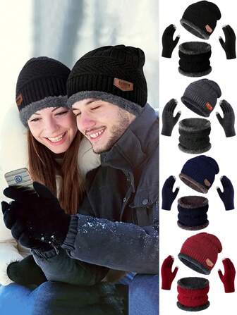 3pcs/Set Men And Women Knit Cashmere Beanie Hat, Soft Warm Scarf & Touch Screen Gloves, Winter Warm Gift