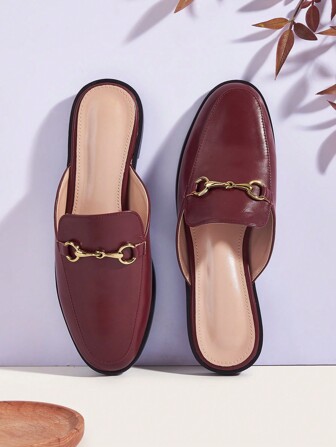 2025 Autumn Women Brown Classic Flat Mule Slides With Metal Buckle