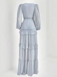 女士春季纯色荷叶边拼接长袍，V领灯笼袖镂空高腰连衣裙，适合派对、舞会、晚宴等场合，优雅开衩长袍，秋季女装