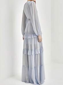 女士春季纯色荷叶边拼接长袍，V领灯笼袖镂空高腰连衣裙，适合派对、舞会、晚宴等场合，优雅开衩长袍，秋季女装