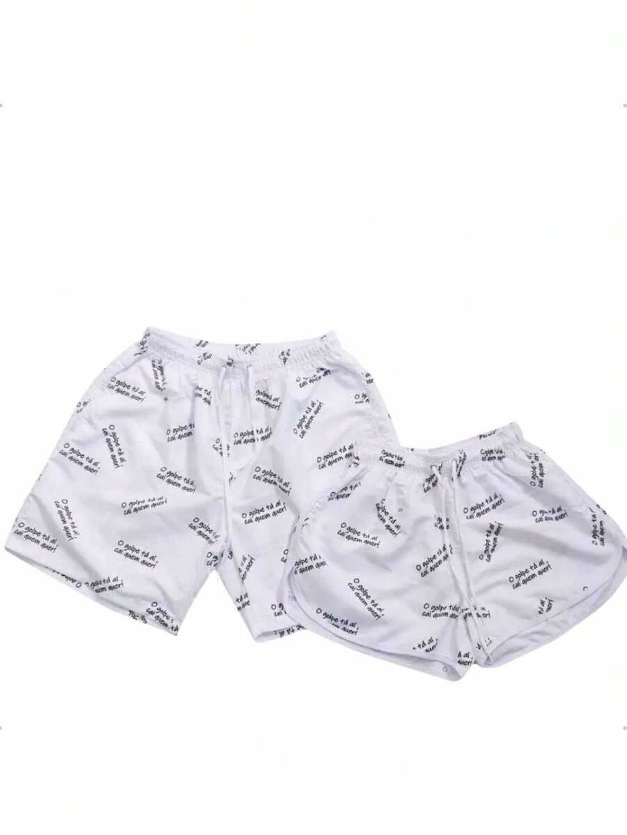 Kit Namorados Bermudas Iguais Estampado Golpe Pijama Mozão Shorts Moda Praia 2 Peças Casal Masculina Feminina Frase