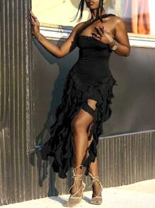 Jellyfish Ruffle Halter Sexy Dress, Graduation Gown Black Summer Party Elegant - Black - View 10