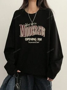 Women's Round Neck Letter Print Casual Versatile Cute-Chic Oversized Long Sleeve T-Shirt, Autumn/Winter