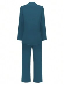 女士休闲修身商务套装，包含西装外套和直筒裤，适合秋冬春季通勤，尽显优雅气质。 - 藍色 - 查看 5