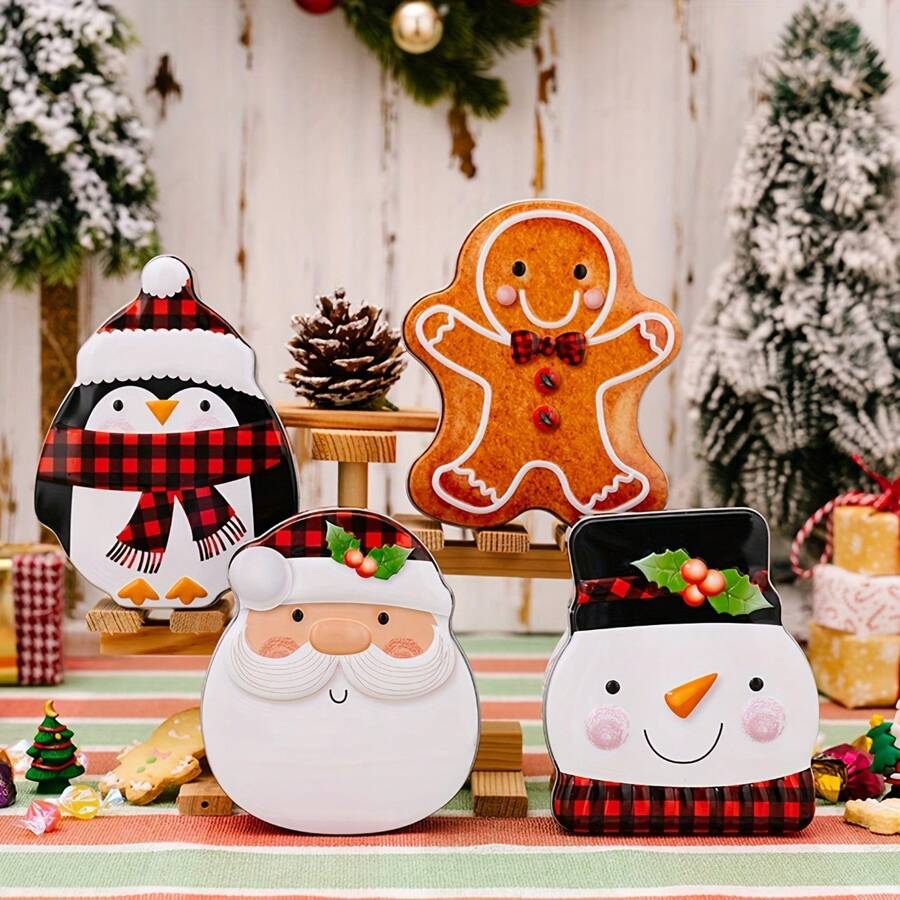 1pc Christmas Decoration Supplies Gingerbread Man Cookie Tin, Santa Claus Candy Box, Cartoon Snowman Metal Tin Box, Metallic Gift Box, Jewelry & Soap Storage Box, Wedding Anniversary Decor, Birthday Party, Summer Party Decor, Independence Day Decoration, Happy New Year,Christmas - Christmas Candy Tin Box - View 1