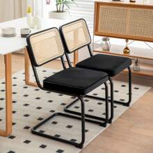 Set Of 2 Dining Chairs, Velvet Rattan Side Accent Chairs With Chrome Legs, Modern Mid Century Breuer Designed Chairs, Upholstered Dining Living Room Kitchen Chairs - 黑色 - 查看 6