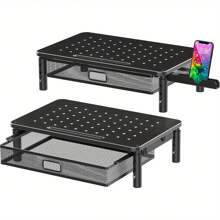 2 Pack Monitor Stand Riser With Metal Drawer, 3 Height Adjustable Monitor Riser With Phone Holder For Printer, Laptop, Premium Metal Computer Monitor Stand With Storage For 2 Monitors