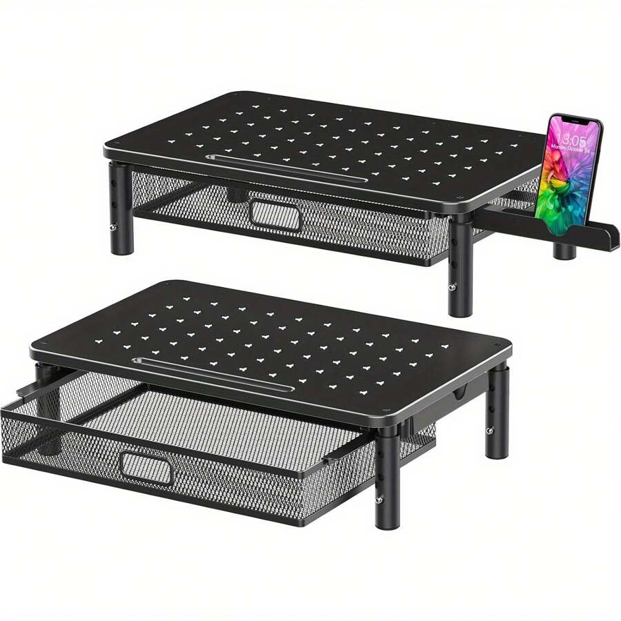 2 Pack Monitor Stand Riser With Metal Drawer, 3 Height Adjustable Monitor Riser With Phone Holder For Printer, Laptop, Premium Metal Computer Monitor Stand With Storage For 2 Monitors