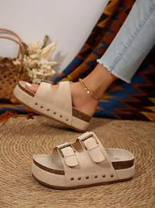 Plus Size Cross-Border Summer Sandals For Women With Multi-Layered Sole, Rivet Detail, Buckle Strap, Open Toe And Thick Sole - Beige - View 8