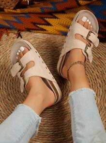 Plus Size Cross-Border Summer Sandals For Women With Multi-Layered Sole, Rivet Detail, Buckle Strap, Open Toe And Thick Sole - Beige - View 3