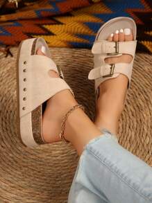 Plus Size Cross-Border Summer Sandals For Women With Multi-Layered Sole, Rivet Detail, Buckle Strap, Open Toe And Thick Sole - Beige - View 4