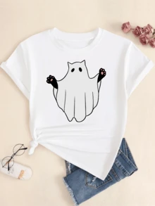 Cute Helloween Kitten Printed T-Shirt Women's Casual Comfort Blouse - trắng - Xem 1