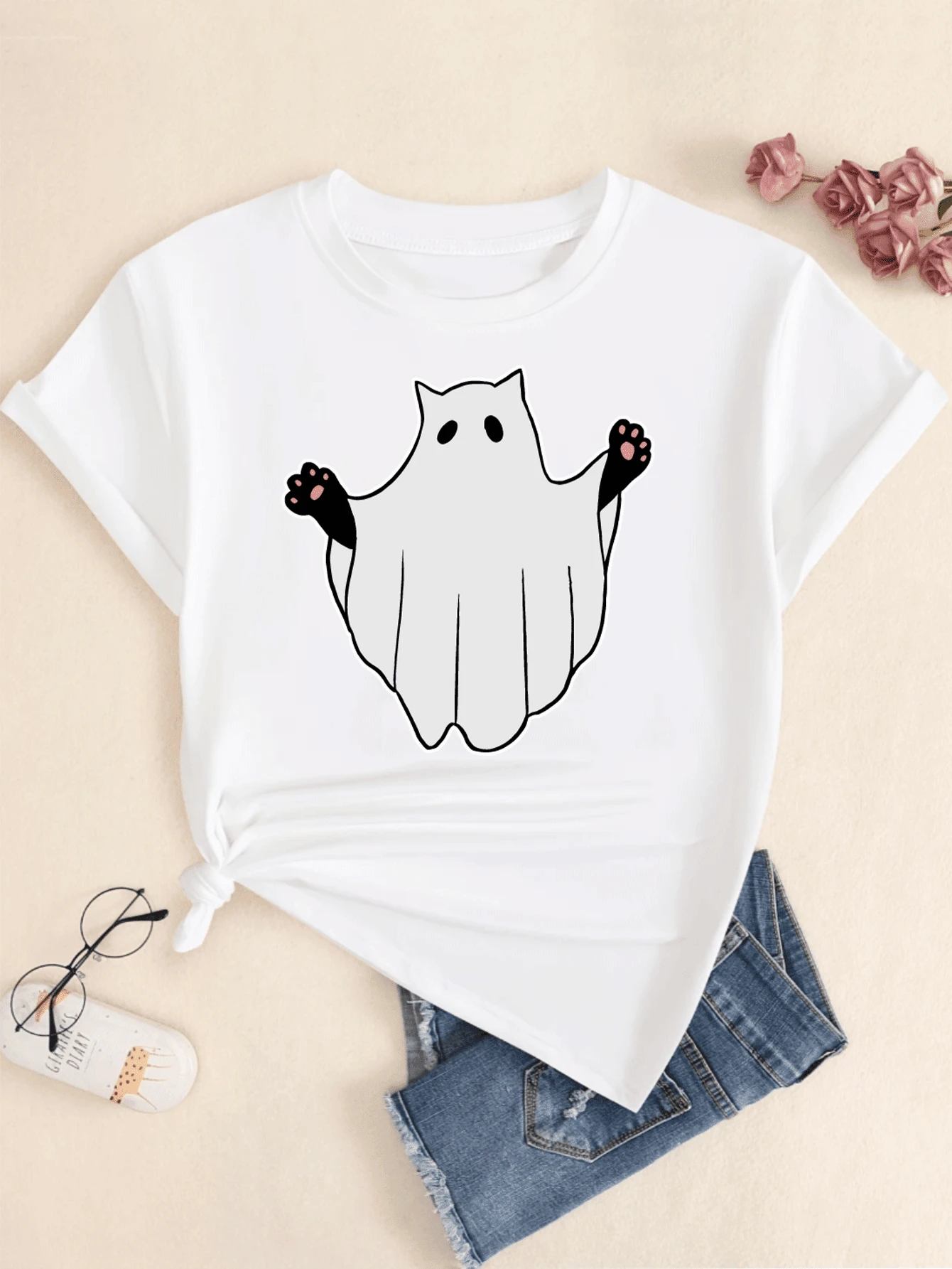 Cute Helloween Kitten Printed T-Shirt Women's Casual Comfort Blouse - trắng - Xem 1