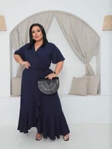 LONG WRAP DRESS WITH FLARE SLEEVES - Màu xanh hải quân - Xem 2