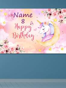 1pc Customized Rainbow Unicorn Happy Birthday Party Decoration Watercolor Floral Glitter Stars Photography Backdrop, Customizable Name And Age