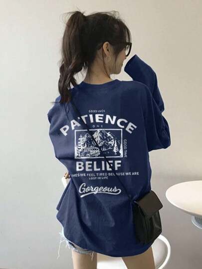 新作かわいいプリント長袖Tシャツ、レディース ラウンドネック カジュアルプルオーバートップス、秋冬春に適しています