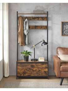 VASAGLE Coat Rack With Shoe Storage, Hall Tree With Bench, 9 Hooks And Top Shelf, For Hallway, Bedroom, Industrial Style, Rustic Brown And Classic Black - Brown - View 2