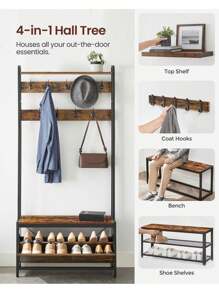 VASAGLE Coat Rack With Shoe Storage, Hall Tree With Bench, 9 Hooks And Top Shelf, For Hallway, Bedroom, Industrial Style, Rustic Brown And Classic Black - Brown - View 4