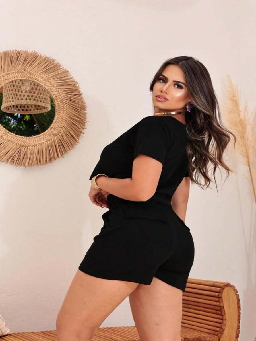 Conjunto Feminino Malha Duna Creppe Calor Verão Leve - Preto - Visão 1