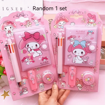 Sanrio Set de 4 artículos de papelería con amigo - Mini cuaderno, resaltador, cinta, regalo perfecto para niña, modelo aleatorio