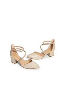 Women's Closed Pointed Toe Low Chunky Heels Pumps Ankle Strap Wedding Business Dressy Shoes - 金色 - 查看 3