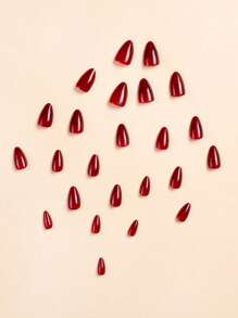 24Pcs Short Almond Shape Pure Dark Red Color Nail Sticker With 1Pc Scrub Stick And 1Pc Jelly Gel Press On Nails Nail Supplies Nails