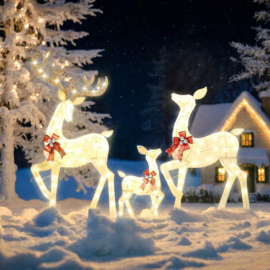 3-Pack LED Christmas Deer Lights, Outdoor Holiday Decorations For Yard, Lawn & Garden, Pre-Lit Reindeer Family With 365 Luminous Bulbs, 5ft Tall With Ground Stakes And Ties - White - View 1