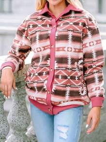 Western Impreso Pana Invierno Patchwork Caliente de manga larga Mujeres Cazadora Abrigo - Rosa - Ver 4