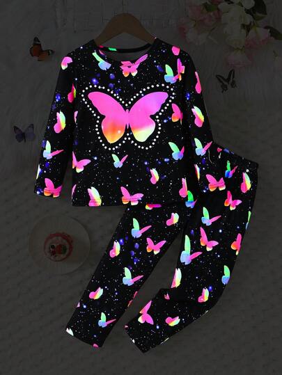 2pcs Young Girl Butterfly Print Luminous Sleepwear Set, Long Sleeve Shirt And Pants, For Spring & Autumn (Glows Under UV Light)